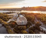 Aerial view of Montreal Biosphere in autumn sunset time, Jean-Drapeau Park, Saint Helen