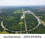 Aerial view of Monza park and circuit in Lombardia, near Milan. Drone photography of Italy.