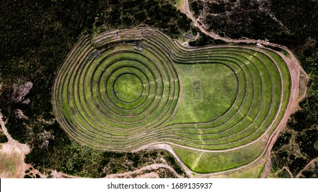 Aerial view of Moray Archeological site - Inca ruins of several terraced circular depressions, in Maras, Cusco province, Peru. Top tourist attraction in Sacred valley of the Incas. 