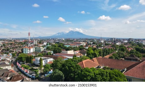 Aerial view, the morning view of the city of Yogyakarta and the magnificent Mount Merapi