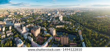 Aerial view of Moscow city over the Sokolniki district at summer sunset