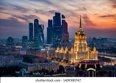 Aerial View Of Moscow City Skyline At Sunset Showing Architectural Landmarks Ukraine Hotel And International Business Center In Moscow, Russia.