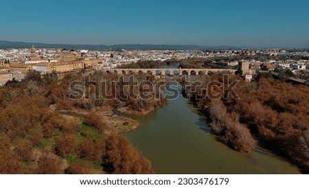 Aerial view of Mosque Cathedral of Cordoba, Roman bridge, Historic town, Guadalquivir River, Andalusia, Spain