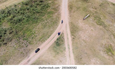 Aerial View Of Motorcycle Are Running Against Each Other In Opposite Directions.