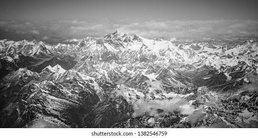 Aerial View Of Mount Everest In Black And White