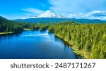 Aerial View of Mount Hood Snow-Capped Peak Over Trillium Lake