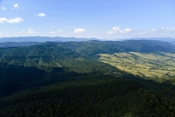 Aerial View Of Mountain Hills Covered With Dense Green Lush Woods On Bright Summer Day.