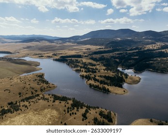 Aerial view of mountain, lake, ski lift and resort, Zlatibor, Serbia, Europe. - Powered by Shutterstock - Get 15% off with code: PIKWIZARD15