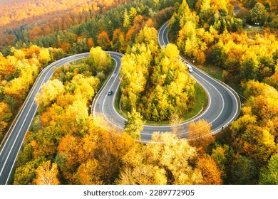 Aerial view of mountain road in forest at sunset in autumn