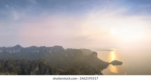 aerial view of the mountain and sea in the morning with beautiful sunset over the sea - Powered by Shutterstock