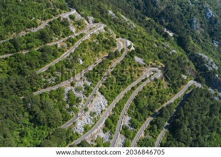 Aerial view of a mountain serpentine road in Kotor, Montenegro