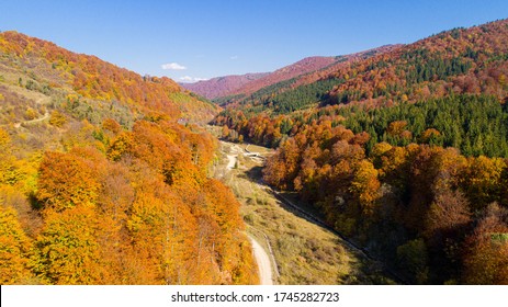 Aerial view of mountain valley, in Valea Doftanei, Romania.  - Shutterstock ID 1745282723