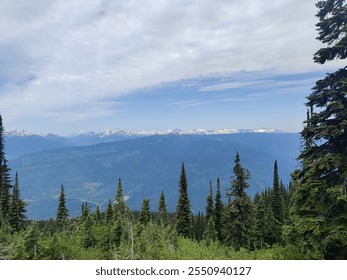 aerial view of the mountains rocky mountains with elements of clouds, forest and snowy peaks  - Powered by Shutterstock