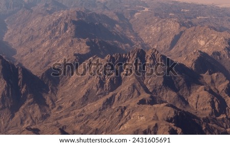 Aerial view of the mountains and sandy plateau of Egypt, the Sinai Peninsula. Aerial photography.