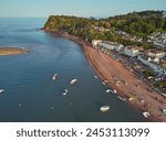 An aerial view of the mouth of the River Teign, looking across to the Ness headland and the village of Shaldon, near Teignmouth, south coast of Devon, England, United Kingdom, Europe