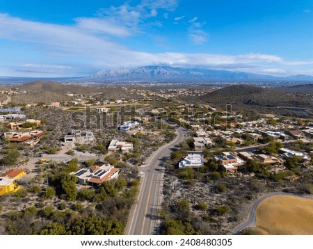 Aerial view of Mt Kimball and Mt Lemmon in Santa Catalina Mountains with Sonoran Desert landscape from Saguaro National Park in city of Tucson, Arizona AZ, USA. 