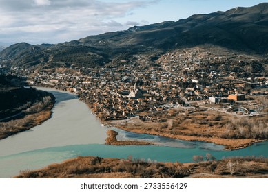 Aerial view of Mtskheta city and the confluence of Aragvi and Mtkvari rivers