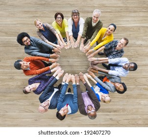 Aerial View Of Multiethnic People Forming Circle Of Hands