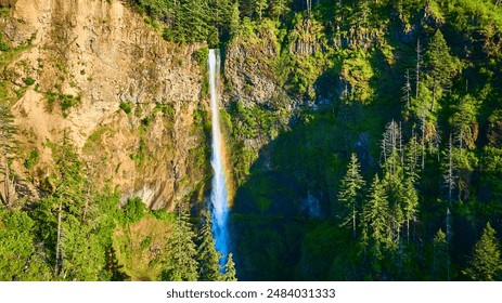 Aerial View of Multnomah Falls Cascading into Verdant Columbia Gorge - Powered by Shutterstock