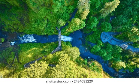 Aerial View of Multnomah Falls with Forest and Winding Road - Powered by Shutterstock