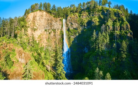 Aerial View of Multnomah Falls with Rainbow in Oregon Forest - Powered by Shutterstock