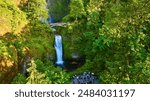 Aerial View of Multnomah Falls with Stone Bridge and Tourists