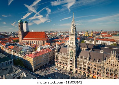 Aerial view of Munchen: Marienplatz, New Town Hall and Frauenkirche