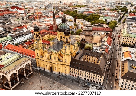 Aerial view of Munich over Theatine Church of St. Cajetan (Theatinerkirche St. Kajetan) and Odeonplatz, Munich, Bavaria, Germany in day time