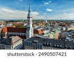 Aerial view of Munich and St. Peter Church - Marienplatz and Altes Rathaus, Bavaria, Germany