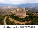 Aerial view of Mur castle in Castell de Mur municipality in northeastern Spain, province of Lleida, Catalonia