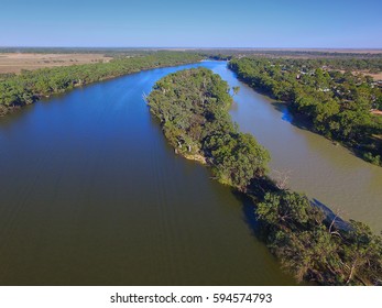 Aerial view of Murray Darling Junction with flood waters flowing in near Lock 10. Location Wentworth
 - Shutterstock ID 594574793