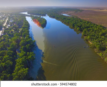Aerial view of Murray Darling Junction with flood waters flowing in near Lock 10. Location Wentworth
 - Shutterstock ID 594574802