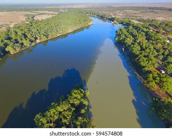 Aerial view of Murray Darling Junction with flood waters flowing in near Lock 10. Location Wentworth
 - Shutterstock ID 594574808