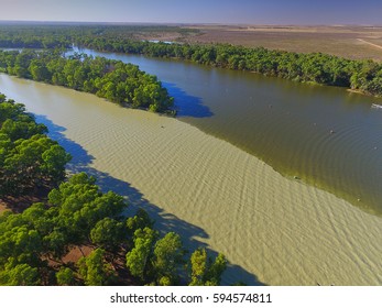 Aerial view of Murray Darling Junction with flood waters flowing in near Lock 10. Location Wentworth
 - Shutterstock ID 594574811