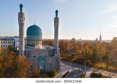 Aerial View Of Muslim Cathedral Mosque In Saint-Petersburg In Autumn With Colourful Foliage On Trees, Sunny Weather