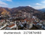 Aerial view of Myki, village in the prefecture of Xanthi,Greece. It belongs to the group of villages of the prefecture with Muslim population, which are more often called Pomakochoria.Turkish Minority