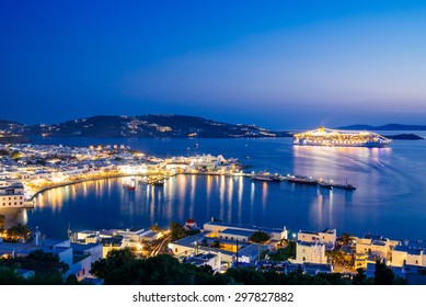 Aerial View Of Mykonos Town At Twilight, Cyclades, Greece