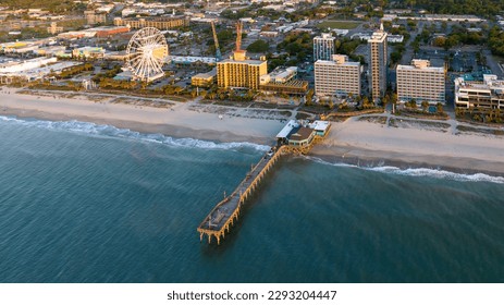Aerial view of Myrtle Beach, SC during sunrise.