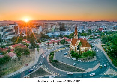 Aerial View of Namibia's Capital at Sunset  - Windhoek, Namibia