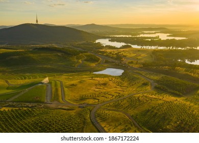 Aerial view of the national arboretum in Canberra, the Capital City of Australia in the early morning showing the Margaret Whitlam Pavilion