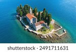 Aerial view of the natural island of Saint George (Sveti Dorde) in the Bay of Kotor off the coast of Perast, Montenegro