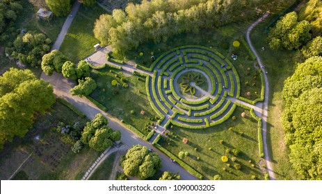 Aerial view a natural labyrinth in the botanical garden on a sunny day