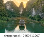 Aerial view of natural scenery at Trang An landscape complex.Trang An is UNESCO World Heritage Site, renowned for its boat cave tours. It