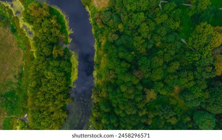 aerial view of nature country side environment forest trees green color and river water stream  - Powered by Shutterstock