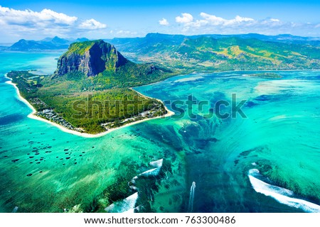 Aerial view of the nature reef in a beautiful colorful bay, Mauritius island