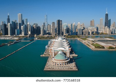Aerial view of Navy Pier and the Chicago, Illinois skyline (taken from a helicopter over Lake Michigan). (2879)