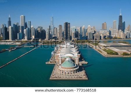 Aerial view of Navy Pier and the Chicago, Illinois skyline (taken from a helicopter over Lake Michigan). (2879)