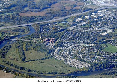 Aerial View Of Neighborhoods Along The Grand River In  Kitchener Waterloo, Ontario Canada