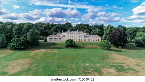 Aerial view of a neo classic country house in a forest in North London