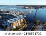 An aerial view of the New Bern North Carolina waterfront apartments and marina